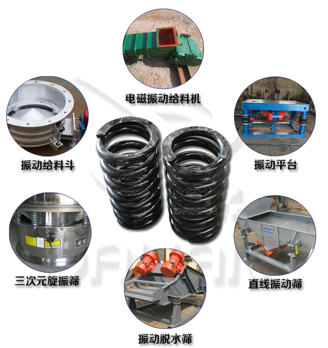 旋振篩減震彈簧適用產(chǎn)品：振動(dòng)給料機(jī)，電磁振動(dòng)給料機(jī)，振動(dòng)平臺(tái)，直線振動(dòng)篩，振動(dòng)脫水篩，三次元旋振篩。